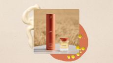 Image of Dyson's Omega Hydrating Hair Oil and Leave-in Conditioning Spray in a field, on a beige background with an orange circle detail and cream and oil swatches