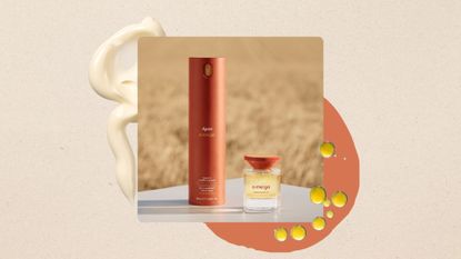 Image of Dyson's Omega Hydrating Hair Oil and Leave-in Conditioning Spray in a field, on a beige background with an orange circle detail and cream and oil swatches