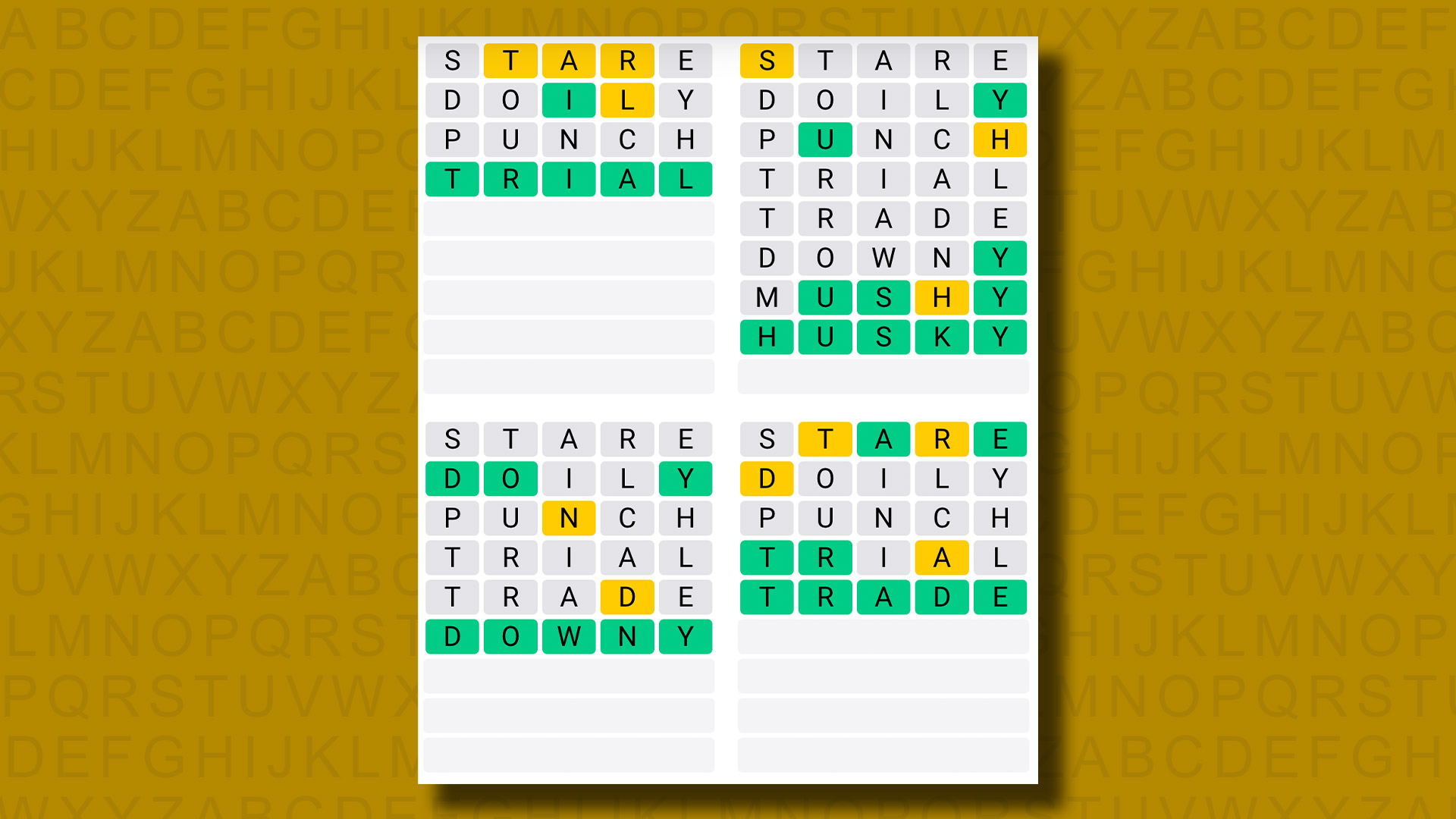 Quordle solutions for game 989 on a yellow background