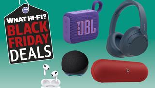 JBL, Sony, Apple, Amazon, Beats products with green background and Black Friday graphic