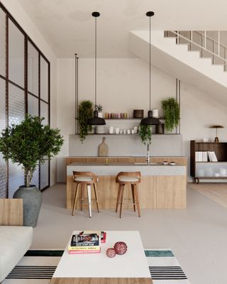a modern kitchen with concrete-style countertops