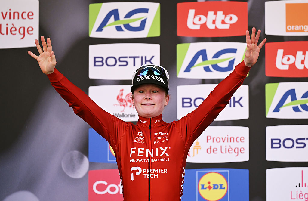 Puck Pieterse (Fenix-Premier Tech) celebrates her second place at the 10th Liege - Bastogne - Liege Femmes 2026. (Photo by Luc Claessen/Getty Images)