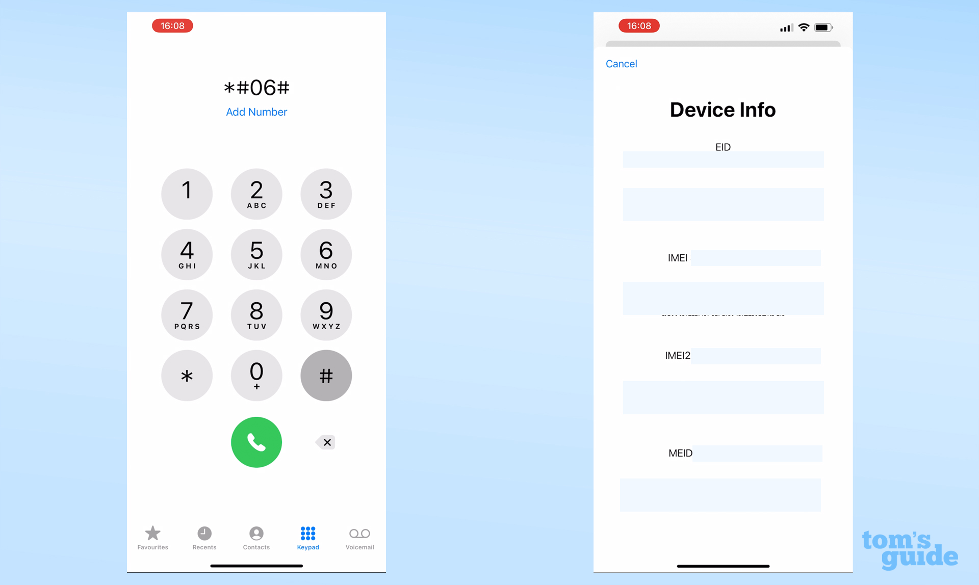 Screenshots from an iPhone 13 Pro Max, showing how to find the IMEI number by entering a code into the Phone app