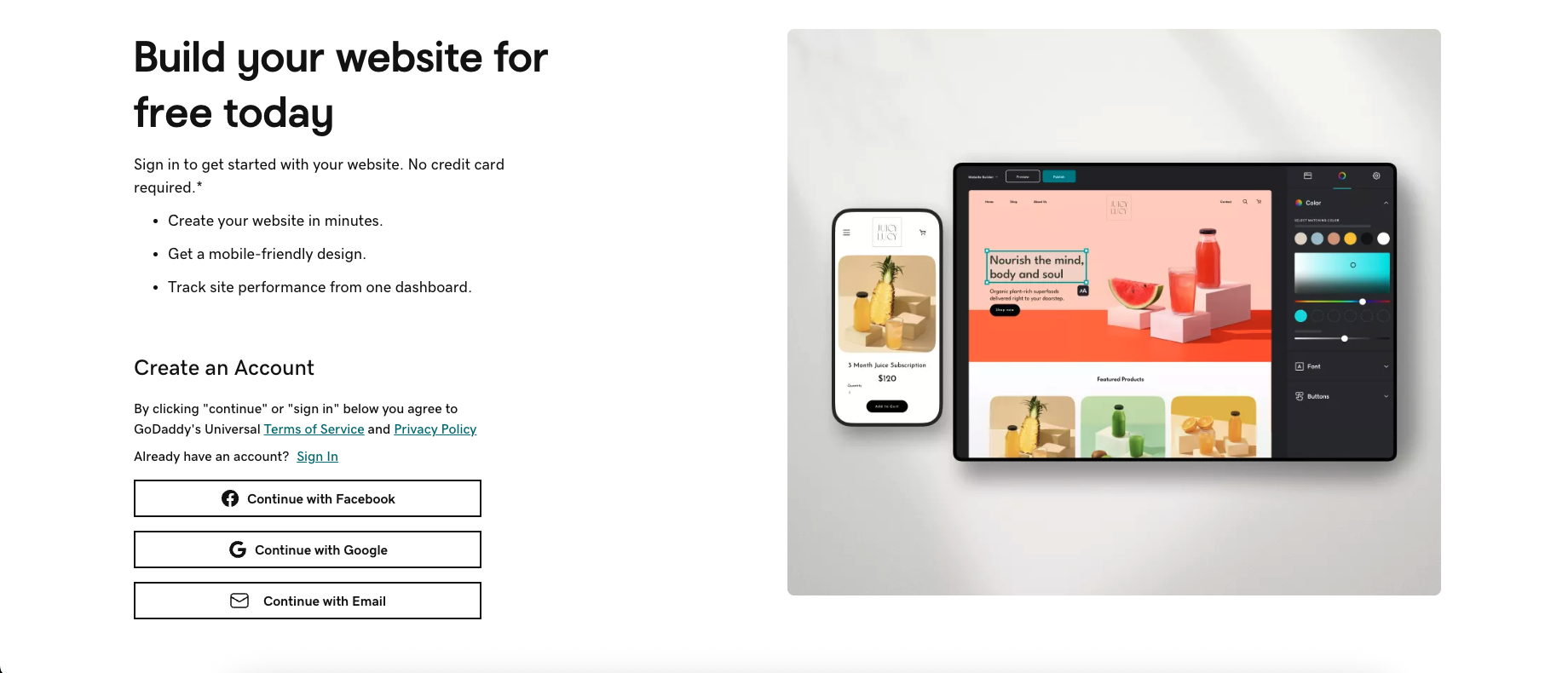 screenshot of GoDaddy website builder sign up page with login options and an image of a website being shown on a phone and tablet.