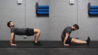 Trainer Luke Goulden demonstrates two positions of the reverse tabletop to L sit movement