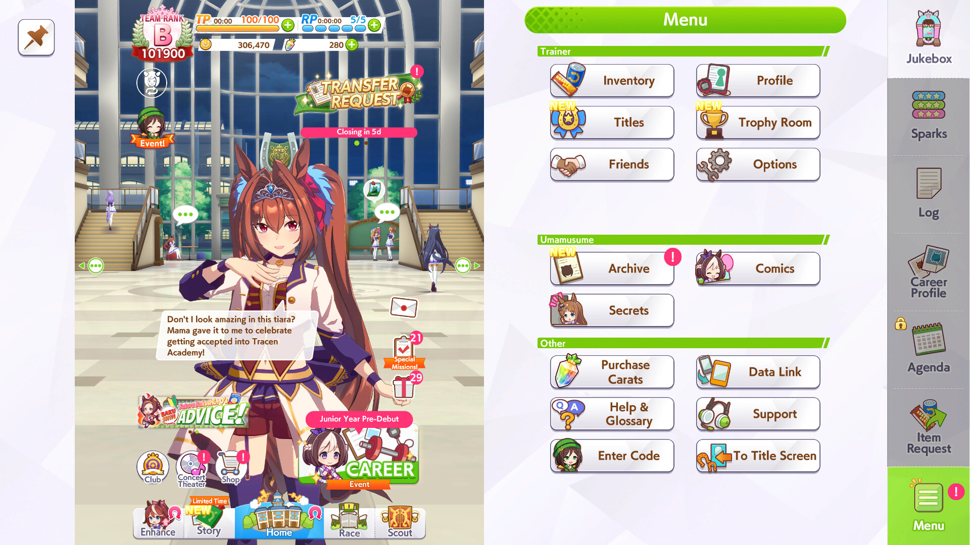A screenshot of the top menu in the PC Steam version of Umamusume: Pretty Derby, showing your featured horse girl on the left of the screen and further menus on the right. The girl is saying: "Don't I look amazing in this tiara? Mama gave it to me to celebrate getting accepted into Tracen Academy"