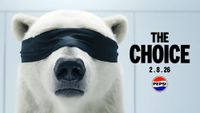 polar bear blindfolded with text that says 'the choice' 02.08.26' Pepsi