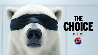 polar bear blindfolded with text that says 'the choice' 02.08.26' Pepsi