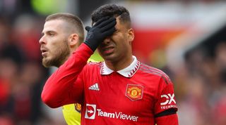 Casemiro looks dejected during Manchester United's 0-0 draw against Southampton, in which he was sent off.