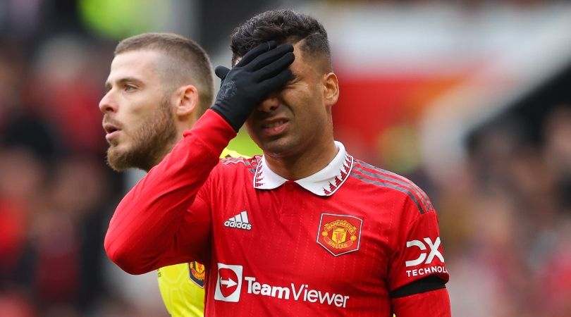 Casemiro looks dejected during Manchester United&#039;s 0-0 draw against Southampton, in which he was sent off.