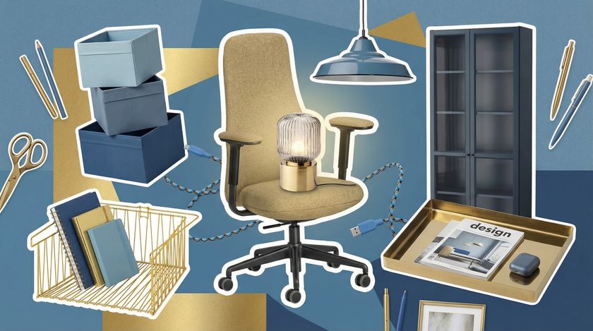Collection of blue and brass-colored home office accessories