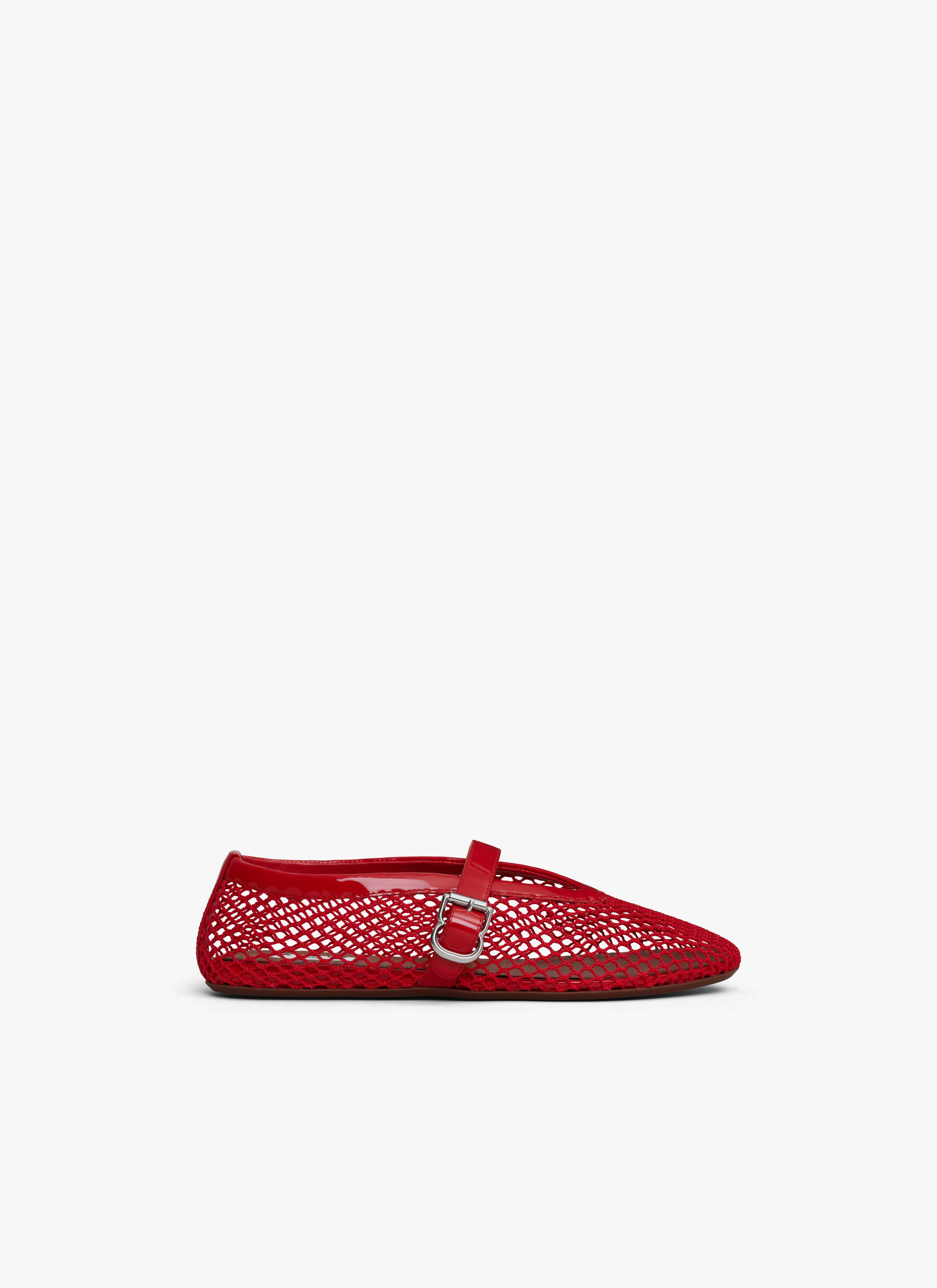 Red Ballet Flats in Fishnet