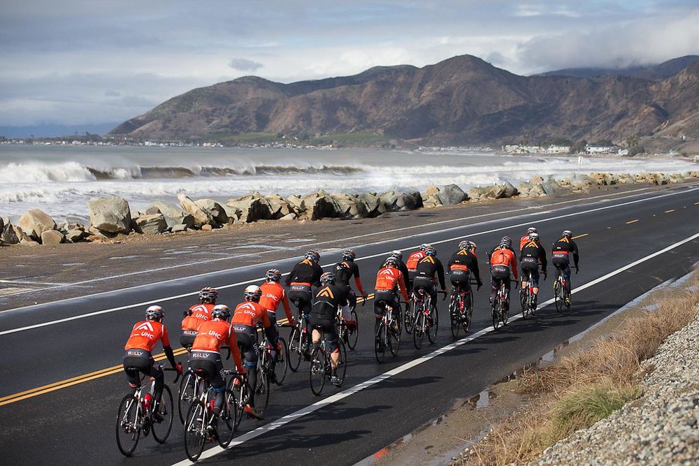 Rally UHC riders train along the Pacific Ocean during a recent camp in Southern California