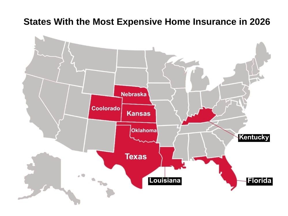 US map of states with the most expensive home insurance highlighted.