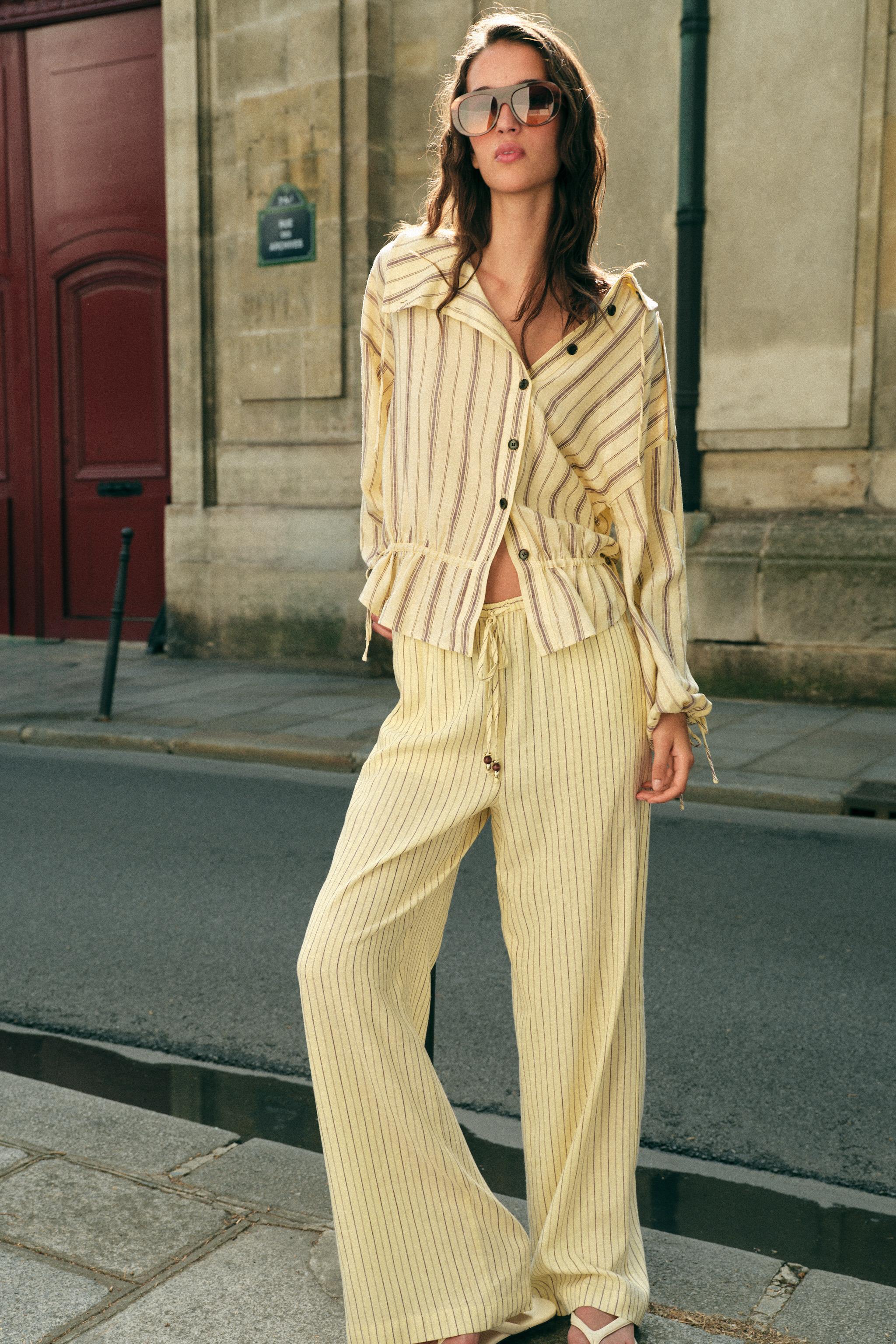 Striped Linen Blend Trousers - Yellow - Xs