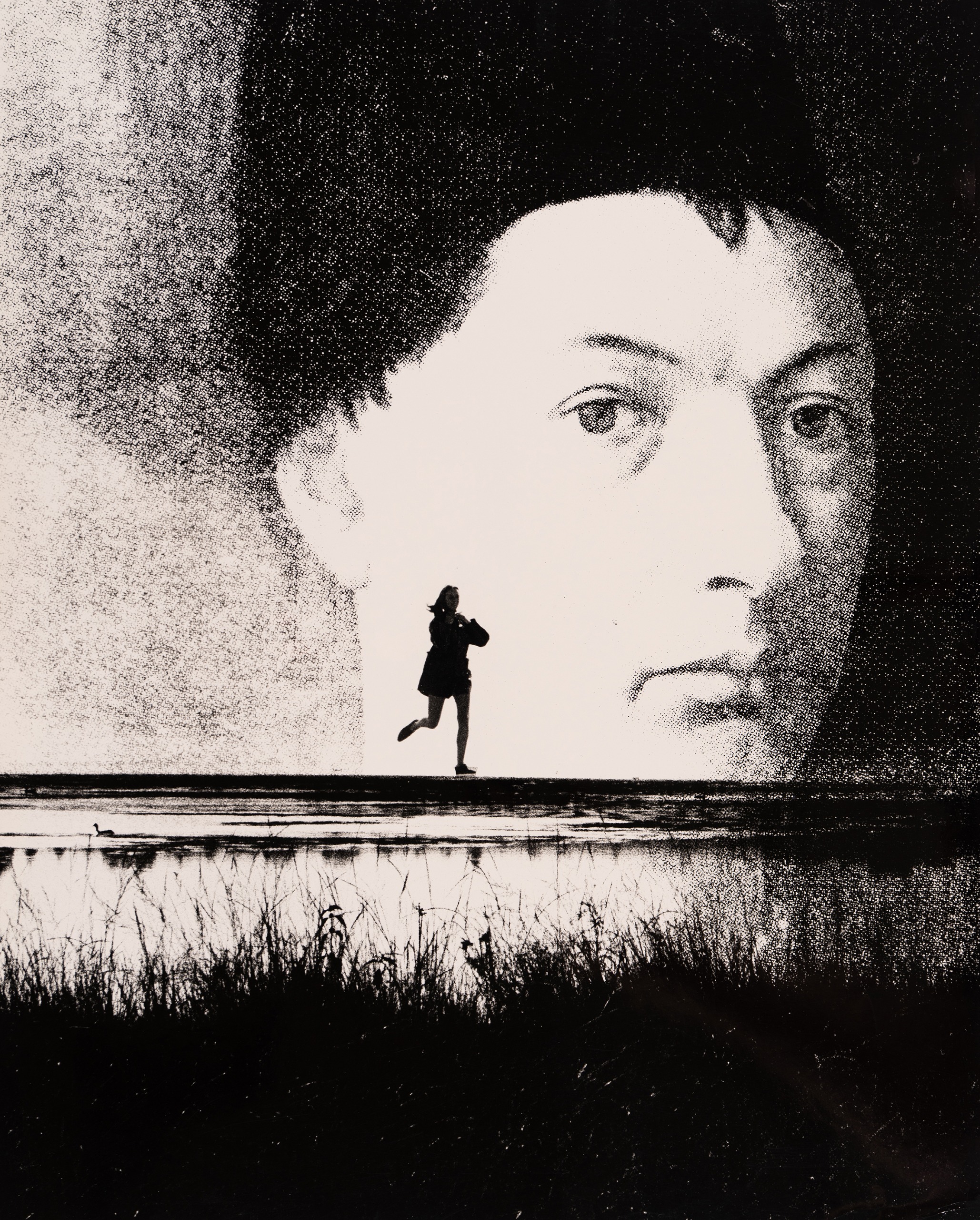 A large, grainy double-exposed portrait of a face looms over a small silhouetted figure running along a shoreline of reeds and water.