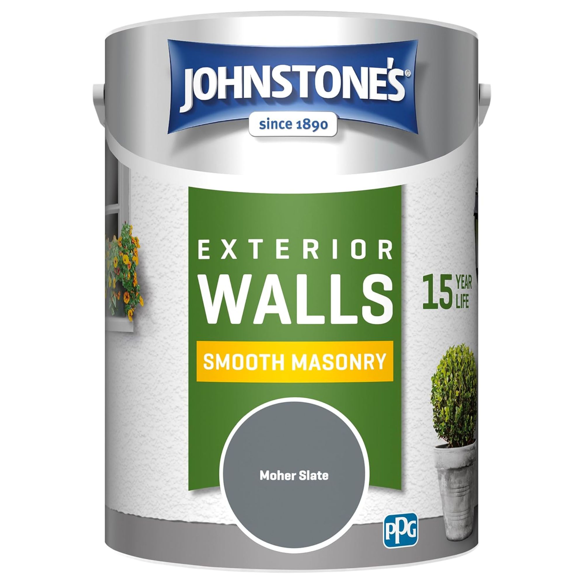 A large tin of Johnstone's Exterior Walls Smooth Masonry paint in Moher Slate, a mid-grey shade with a 15-year life guarantee, against a white background.