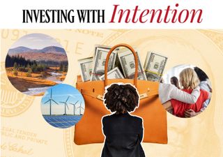 An artistic collage breaking down ESG investing; a woman staring at symbols of environmental, sustainability and governance topics