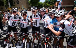 Leah Kirchmann and her teammates after a stage of the Tour of California