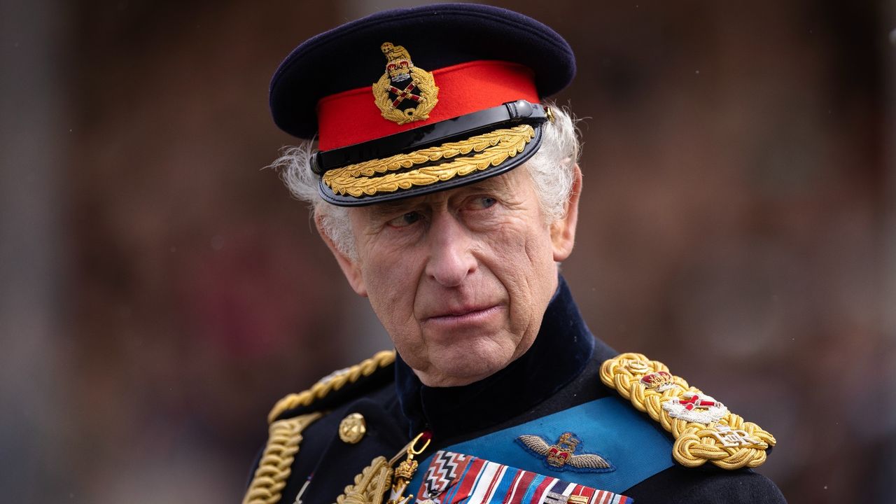 King Charles III inspects the 200th Sovereign&#039;s parade at Royal Military Academy Sandhurst on 14 April 2023 