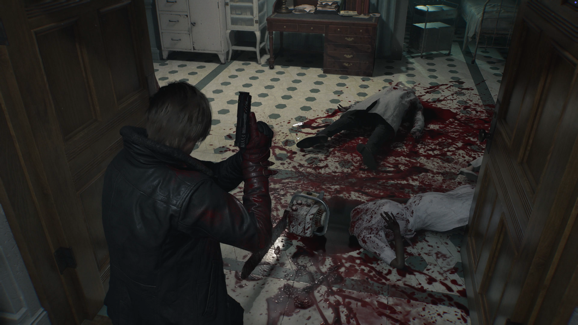 Leon looks at a hospital floor covered in blood and dead bodies in Resident Evil Requiem