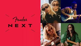The Fender Next logo, with photos of (left to right, top to bottom) Momma, Samm Henshaw, Cecilia Castleman, Wallice