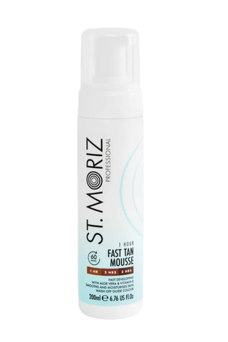 A bottle of St. Moriz Professional fast tan mousse set against a white background.