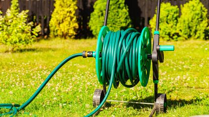 A green hose on a hose reel