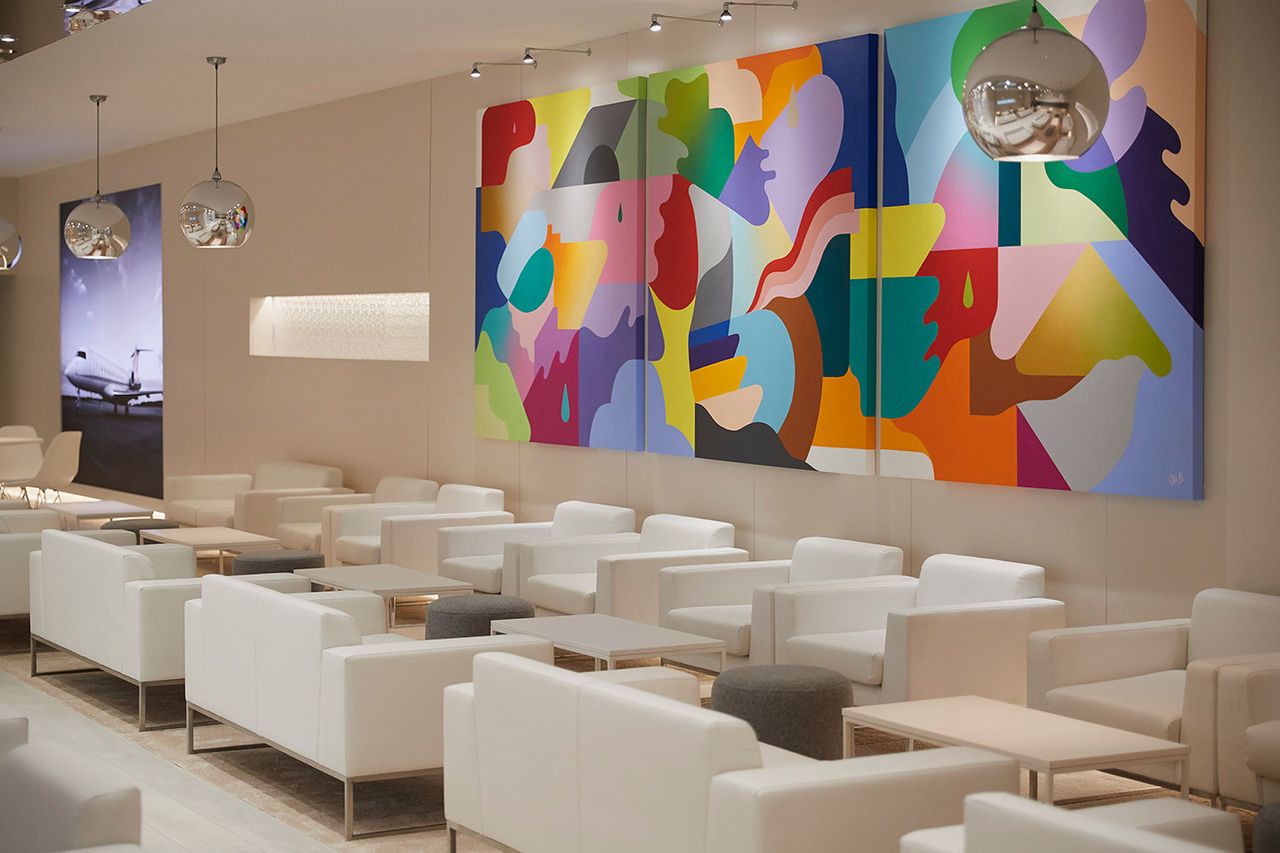 The NetJets lounge at Art Basel with a site-specific commission by Belgian illustrator Oli-B