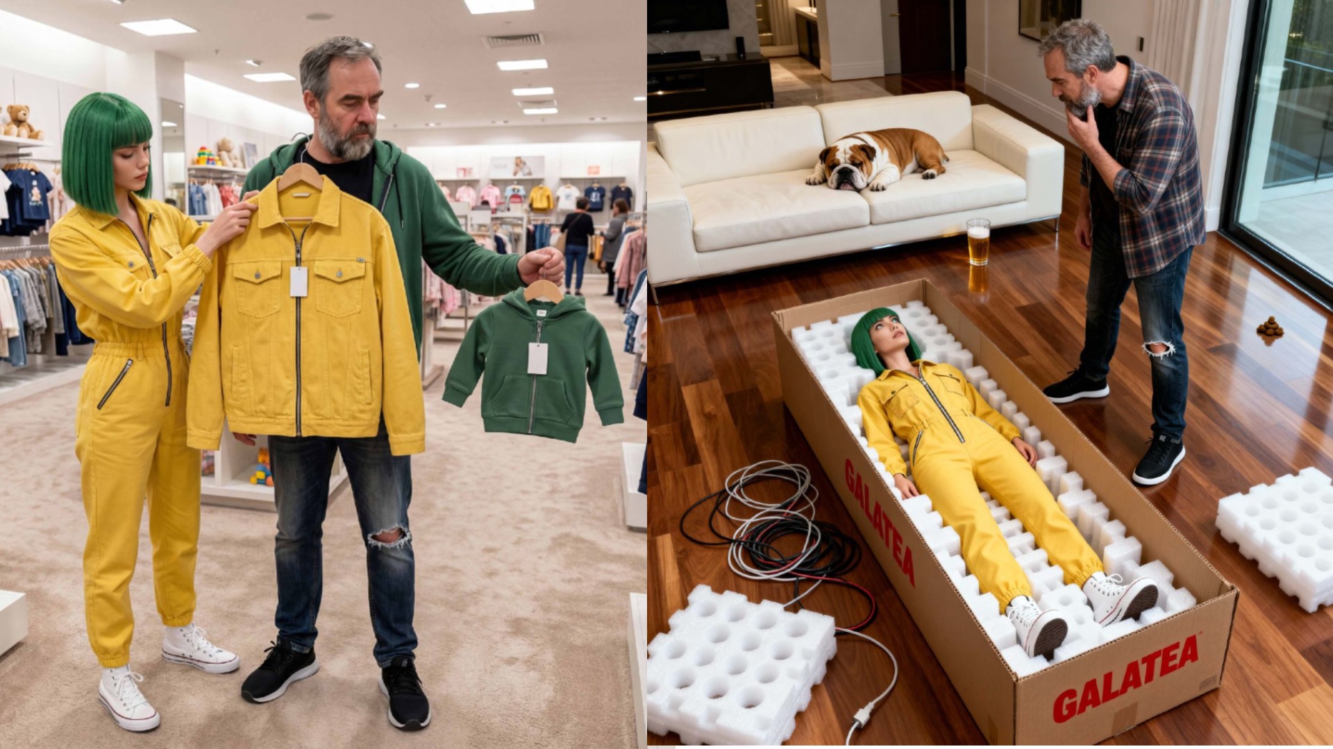 Two-panel AI-generated image showing a green-haired woman and a man shopping for children's clothes on the left, and the same woman lying in a foam-packed "Galatea" box on the right, with a bulldog and a man looking on.