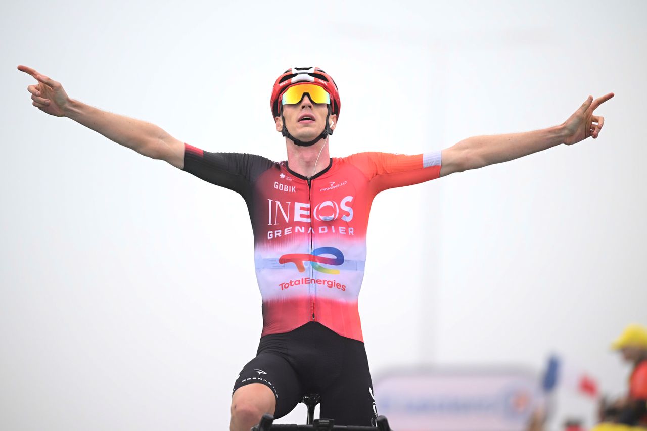 Thymen Arensman celebrates winning a stage at the 2025 Tour de France