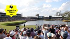 Cameron Young hits his tee shot on the 17th at TPC Sawgrass during the Players Championship final round with a yellow Inside The Ropes graphic in the top-left