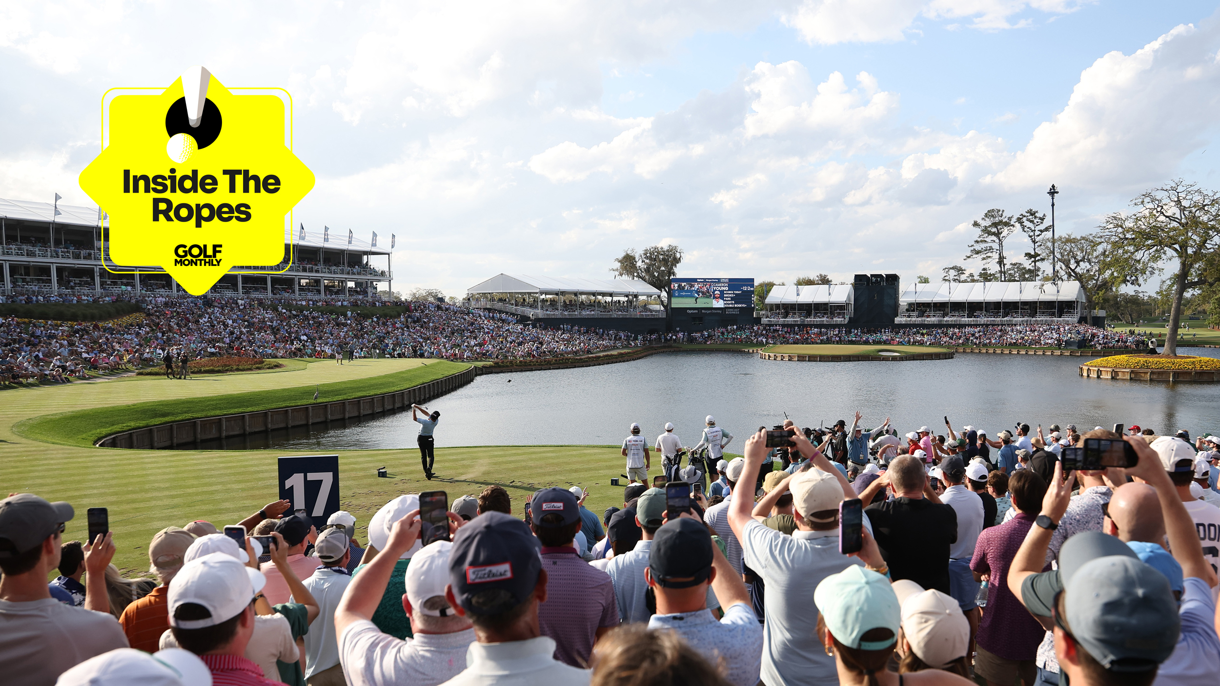 Cameron Young hits his tee shot on the 17th at TPC Sawgrass during the Players Championship final round with a yellow Inside The Ropes graphic in the top-left