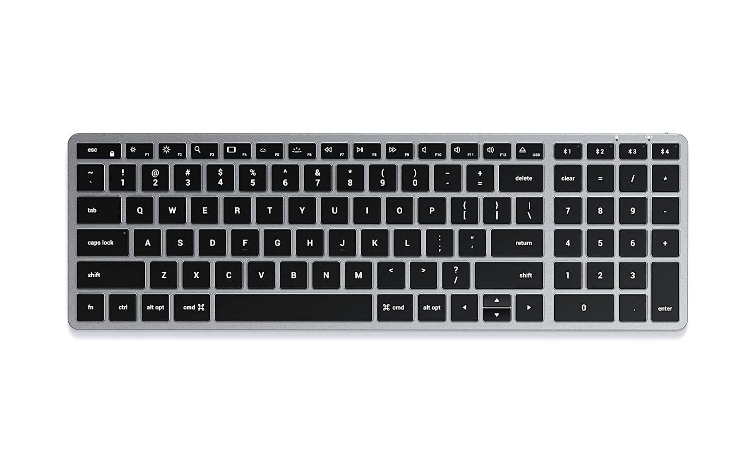 best back to school accessories for MacBook: Satechi Slim X2 Bluetooth Backlit Keyboard on white background