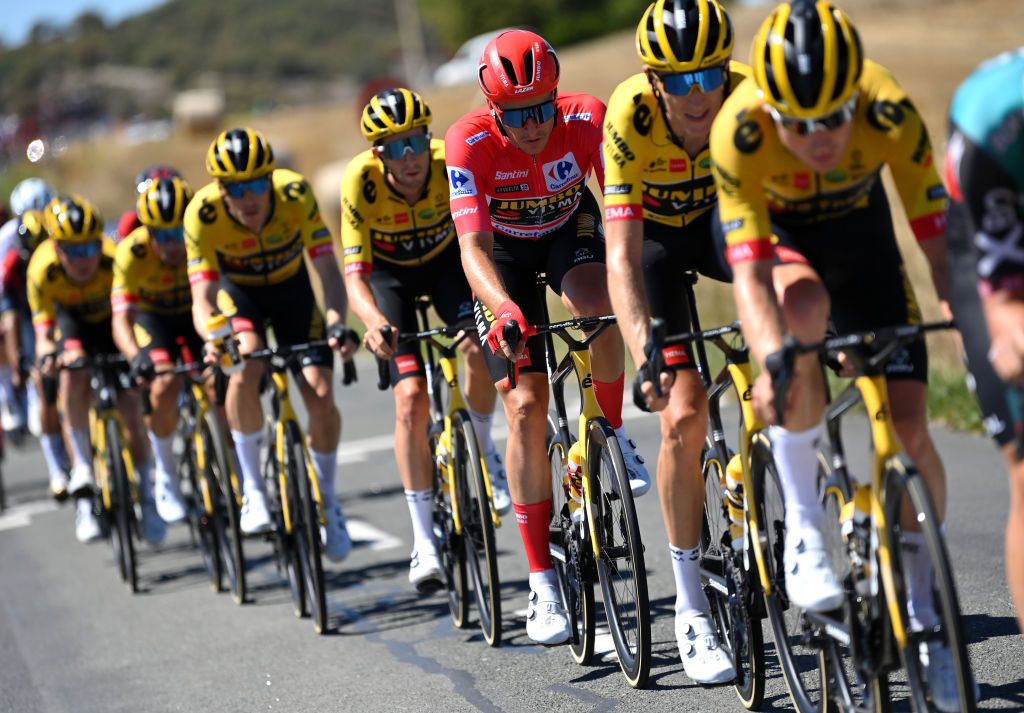 LAGUARDIA SPAIN AUGUST 23 Edoardo Affini of Italy and Team Jumbo Visma Red Leader Jersey competes during the 77th Tour of Spain 2022 Stage 4 a 1524km stage from VitoriaGasteiz to Laguardia 627m LaVuelta22 WorldTour on August 23 2022 in Laguardia Spain Photo by Justin SetterfieldGetty Images