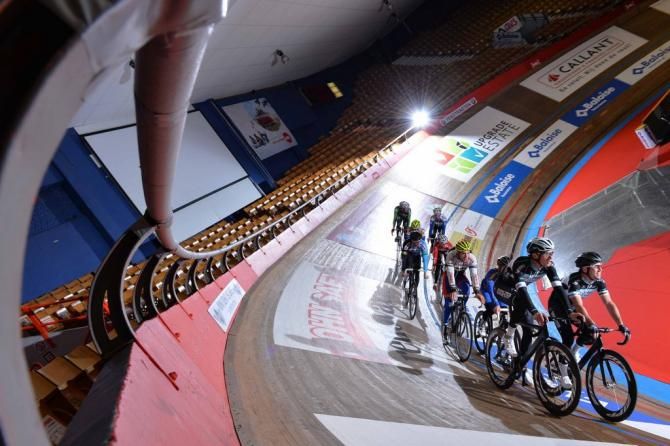 Iljo Keisse and Mark Cavendish lead the riders around the track as they practise for the Six Days of Ghent