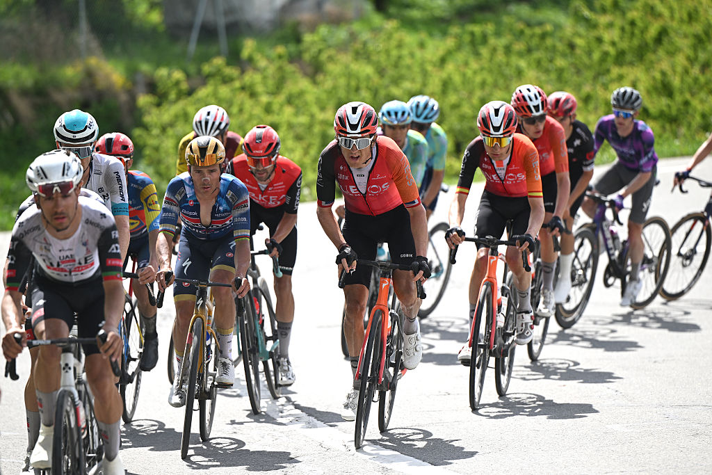 THYON 2000 SWITZERLAND MAY 03 LR Remco Evenepoel of Belgium and Team Soudal QuickStep and Geraint Thomas of Great Britain and Team INEOS Grenadiers compete during the 78th Tour De Romandie 2025 Stage 4 a 1283km stage from Sion to Thyon 2000 2091m UCIWT on May 03 2025 in Thyon 2000 Switzerland Photo by Dario BelingheriGetty Images