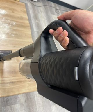 Miele Duoflex vacuuming flour on wooden floor in Future test center