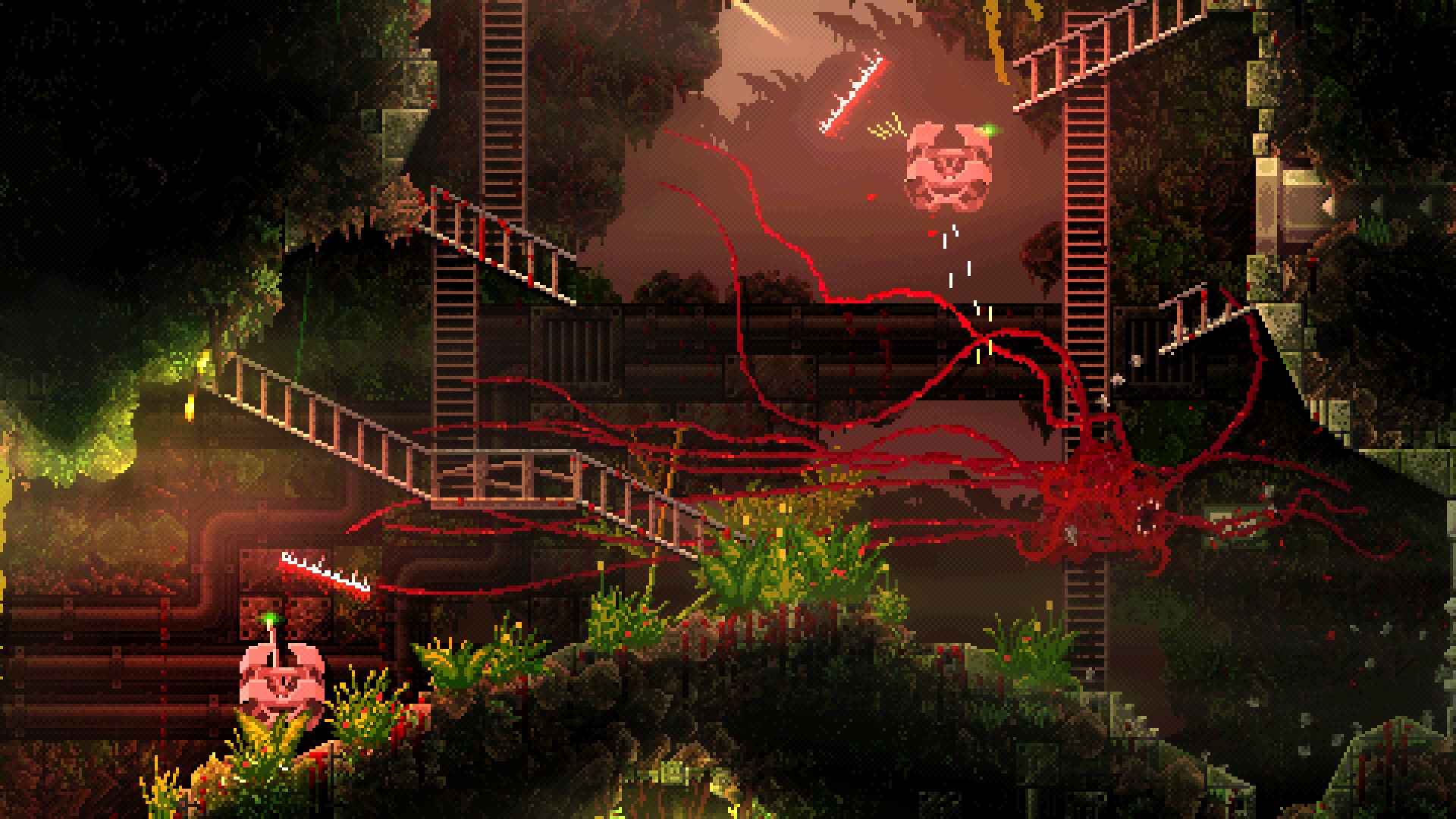Promotional screenshot of the protagonist 'creature' stretching out its tentacles in Carrion