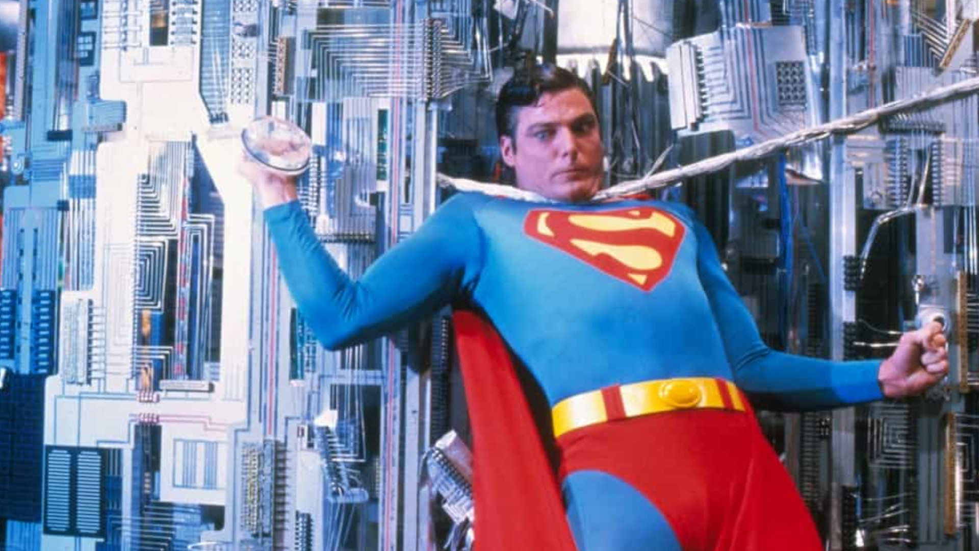 Christopher Reeve as Superman trapped in a super computer during the movie Superman 3.