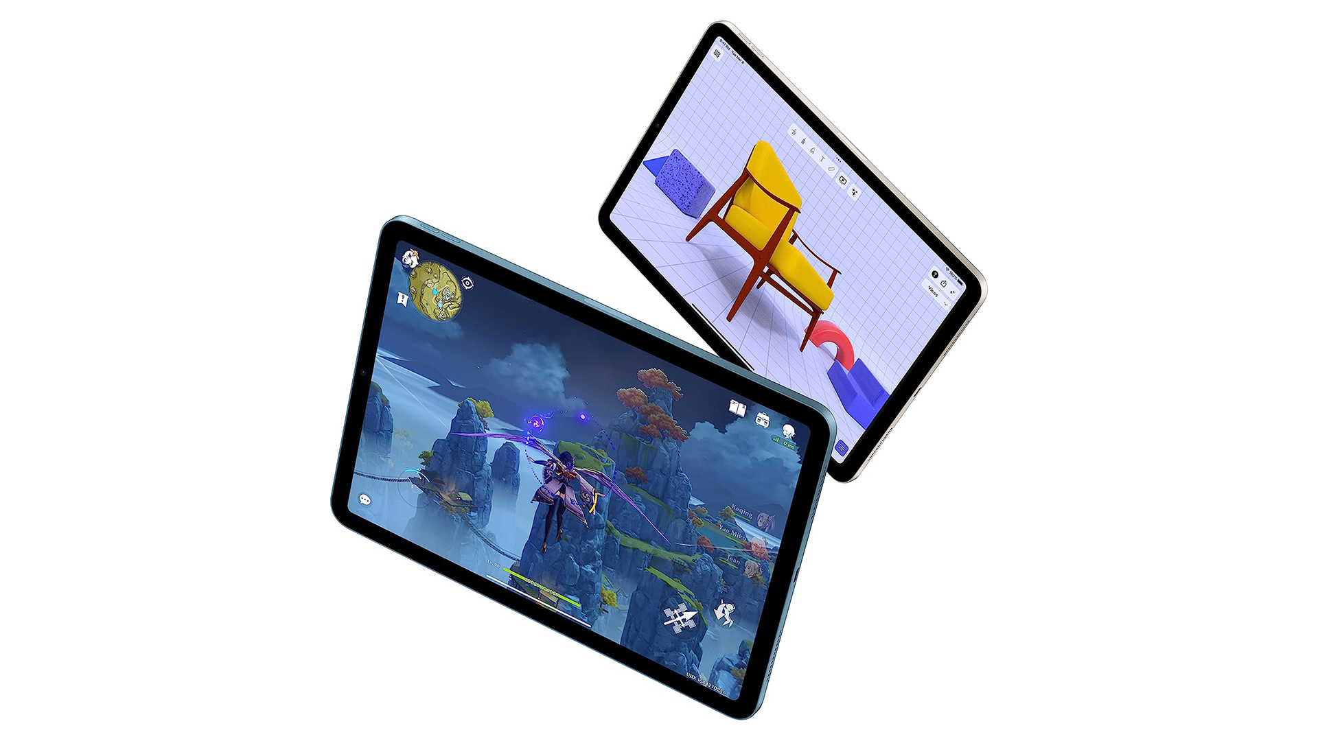 Two iPad Airs appear in mid-air, screens showing some 3D renders.