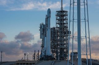 The SpaceX Falcon 9 rocket carrying the classified NROL-76 spy satellite for the U.S. National Reconnaissance Office stands atop Launch Pad 39-A at NASA's Kennedy Space Center ahead of a planned May 1, 2017 liftoff.