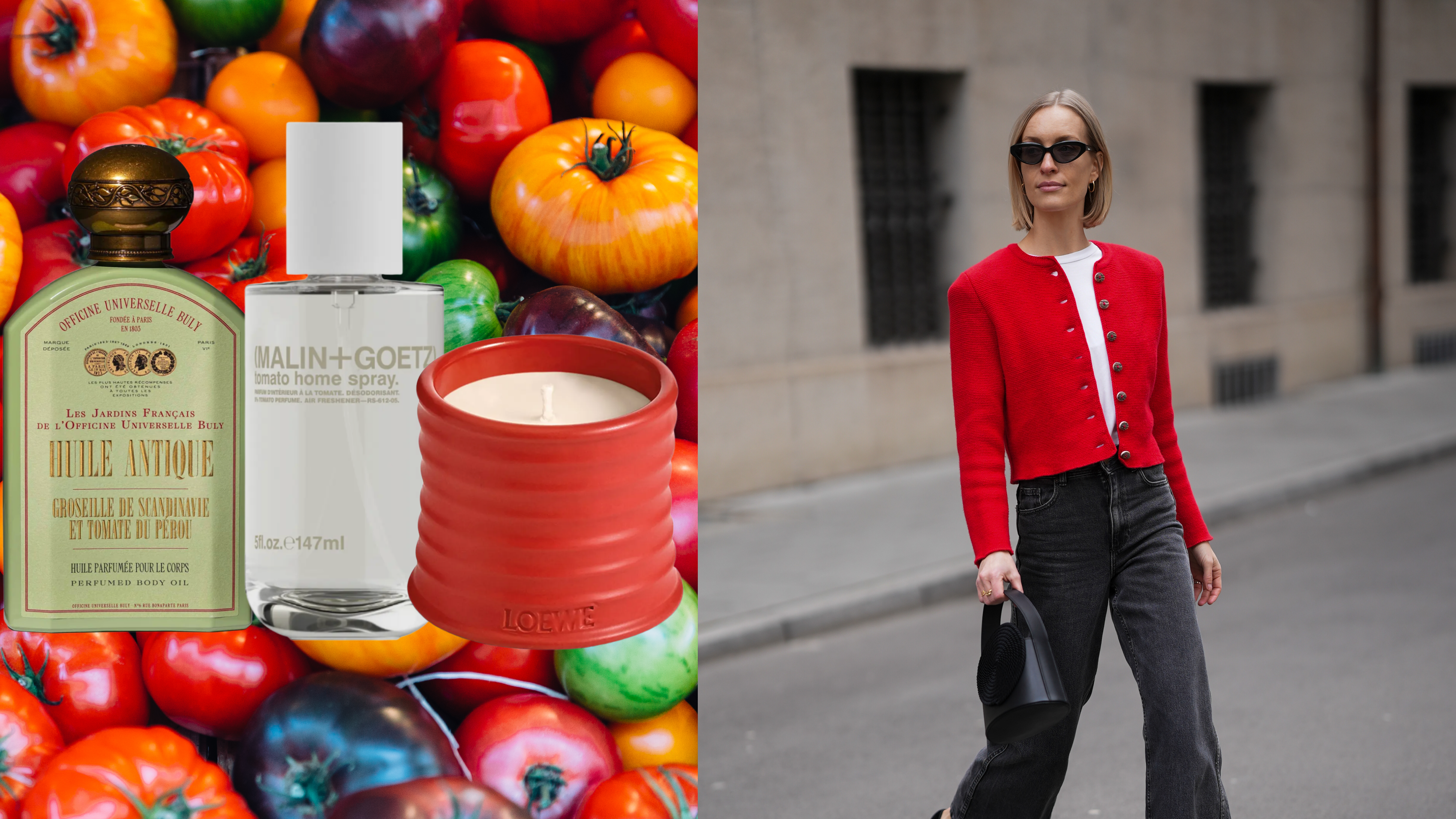 A woman wearing a red cardigan, a white t shirt and jeans. She is next to three tomato-scented products, which are all in front of a tomato background.