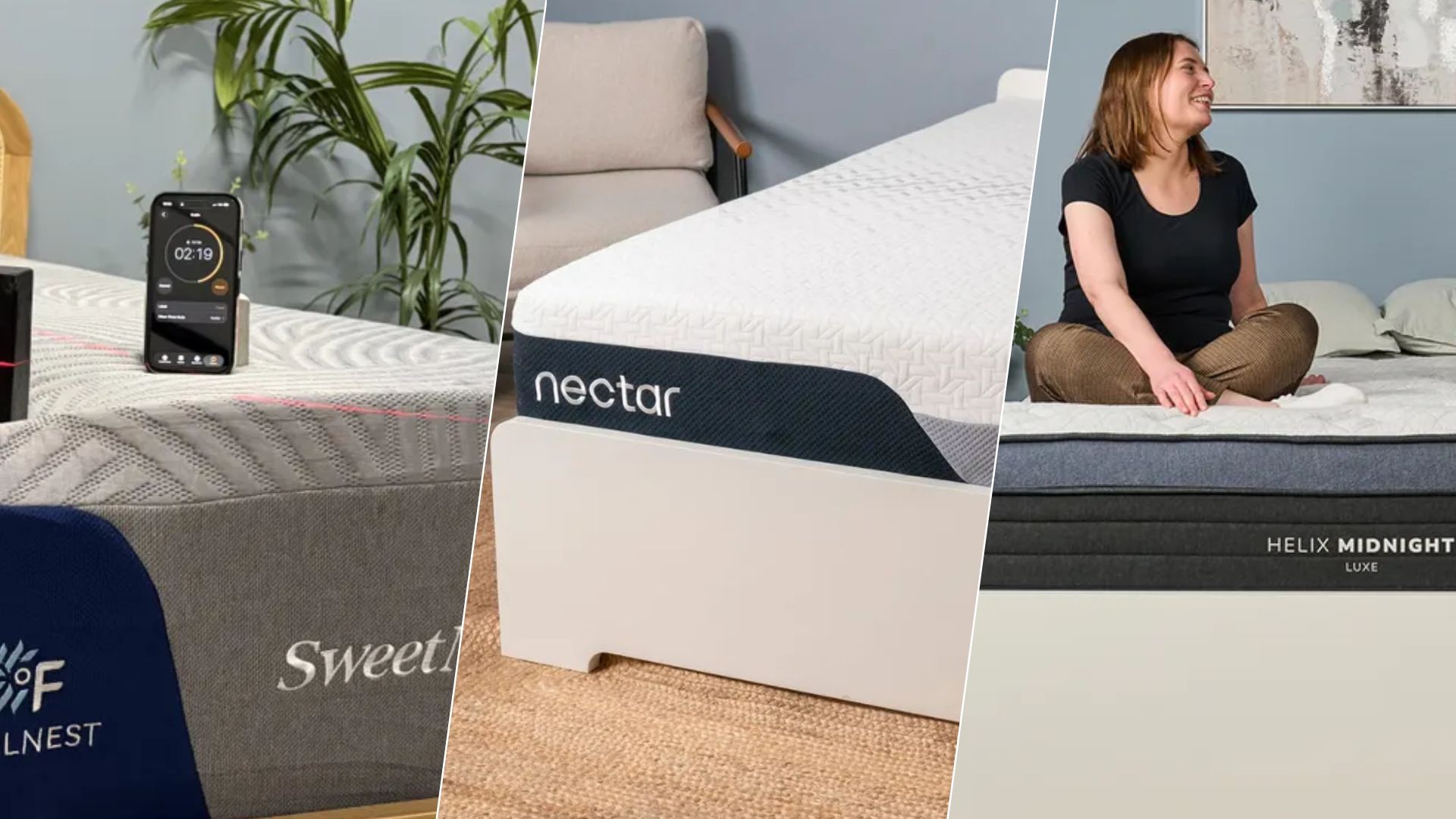 The composite image shows three mattresses in the Tom's Guide Sleep Lab; the gray and blue SweetNight CoolNest mattress, the white an navy blue Nectar Premier and the blue and white Helix Midnight Luxe
