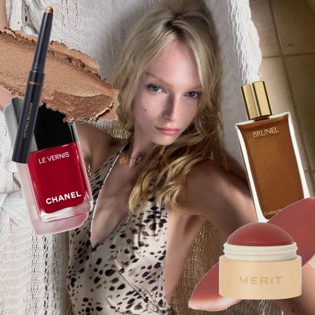 Model Alex Consani eclipsed by beauty products.