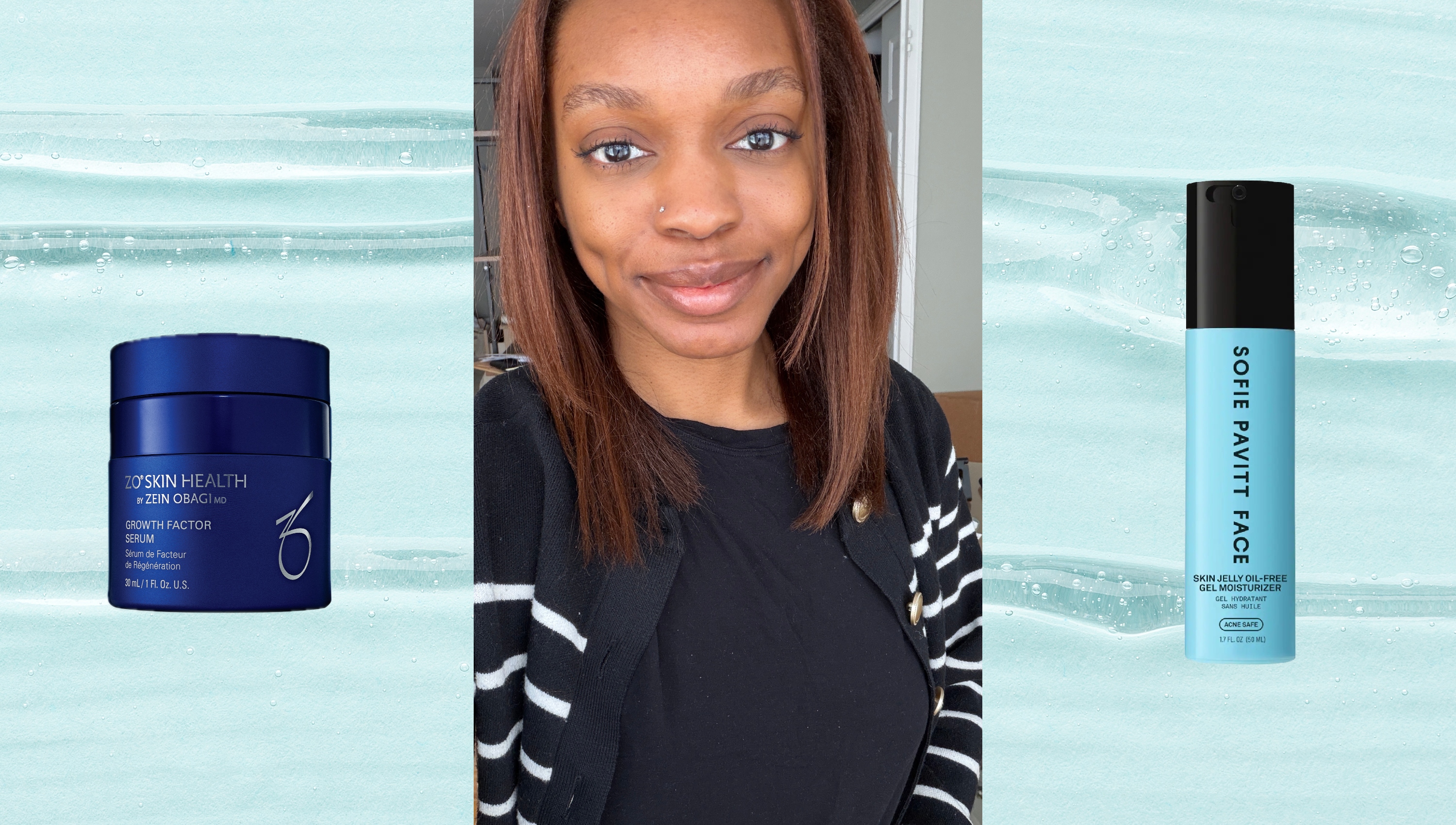 spring skincare products on a blue background next to a woman with brown hair in a black sweater