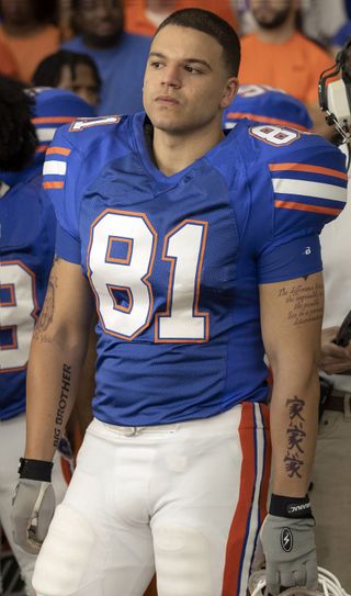 Josh Rivera as Aaron Hernandez in his University of Florida football uniform, in 'American Sports Story: Aaron Hernandez'