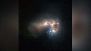The Haro 11 galaxy. Like Tololo 0440-381, this nearby galaxy gives off a type of radiation that scientists think resembles the characteristics of the earliest stars in the universe. Haro 11 is about 300 million light-years away in the constellation Sculptor. 