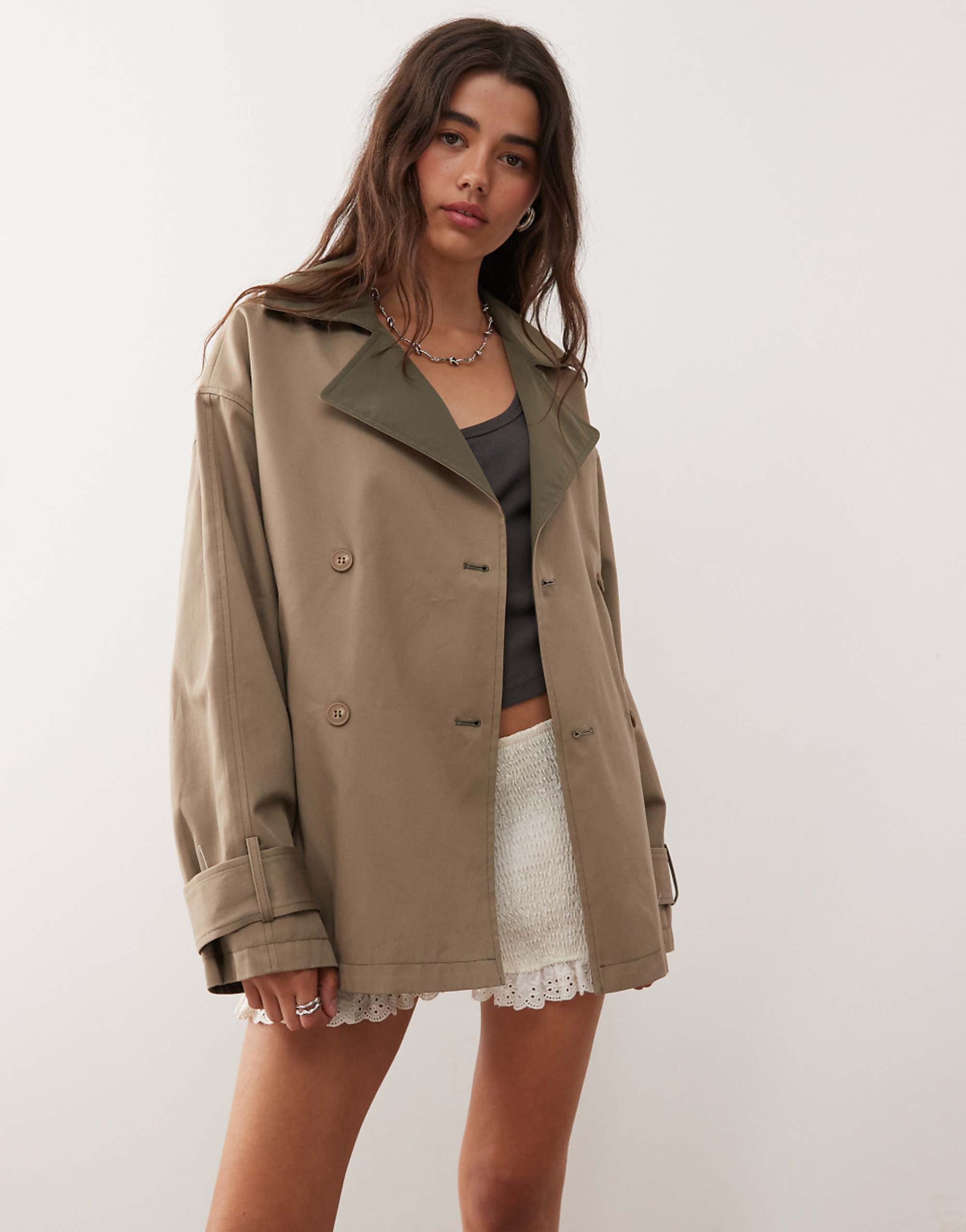 Monki Reversible Short Trench Coat Jacket With Contrast Brown Collar in Tan