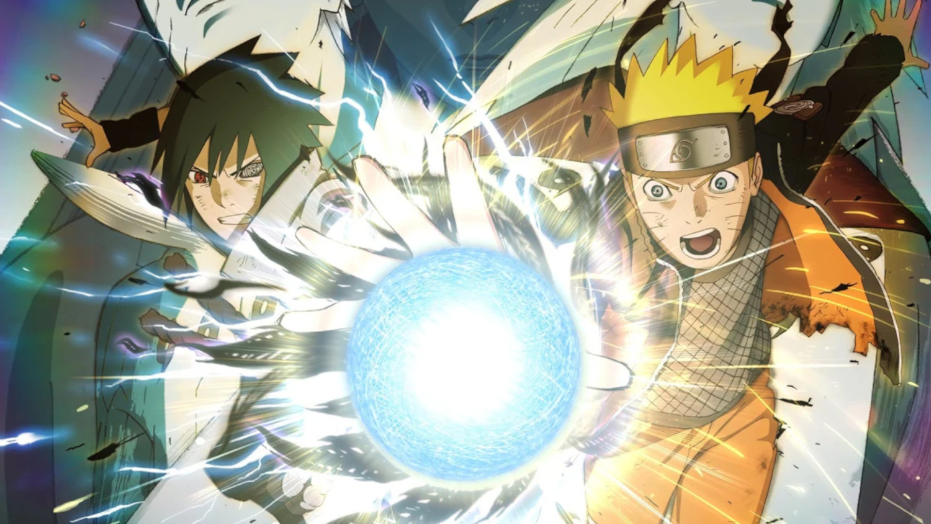 Naruto Shippuden filler: Naruto Uzumaki and Obito Uchiha reaching for a glowing blue orb during the anime Naruto Shippuden.